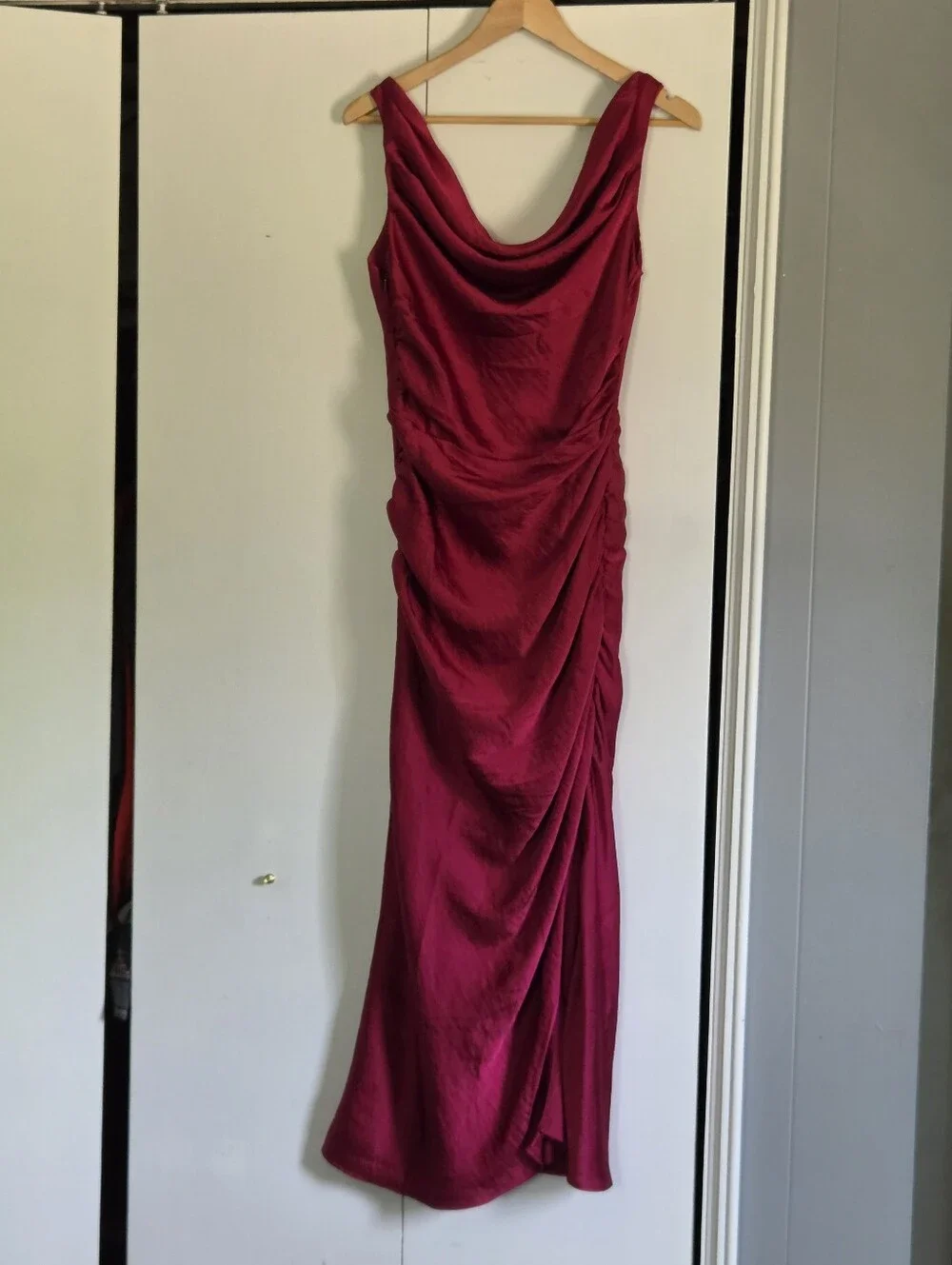 Abercrombie & Fitch Ruched Cowl-Neck Maxi Dress in Burgundy